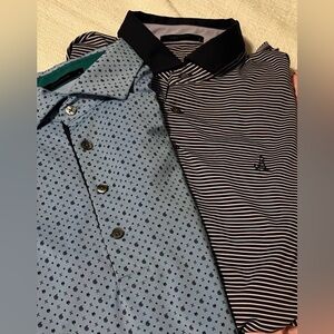 Two Greyson Golf short sleeve performance polos. Blue print & blue stripe. EUC